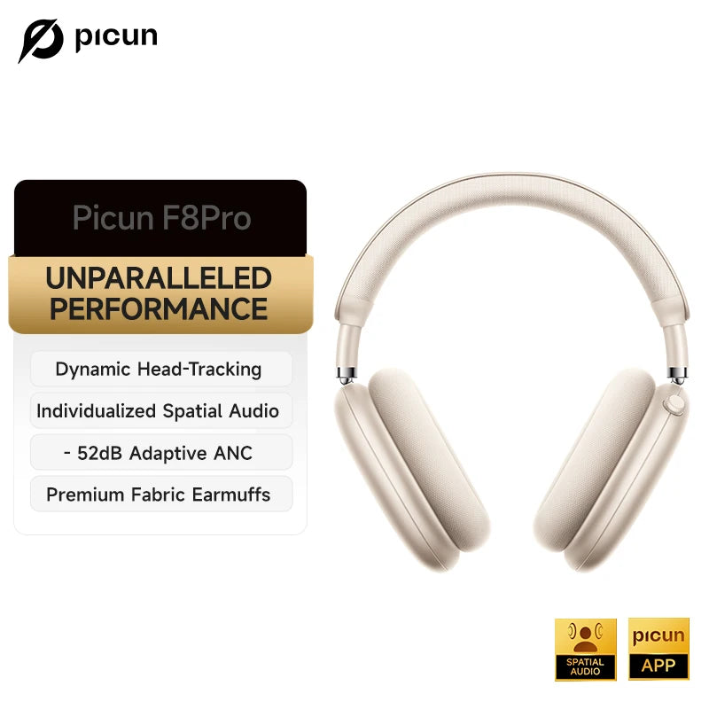 Cuffie wireless Picun F8 Pro ANC con head tracking, audio spaziale 3D, ANC -52dB, headset Bluetooth Hi-Fi, microfono HD ENC, app a bassa latenza