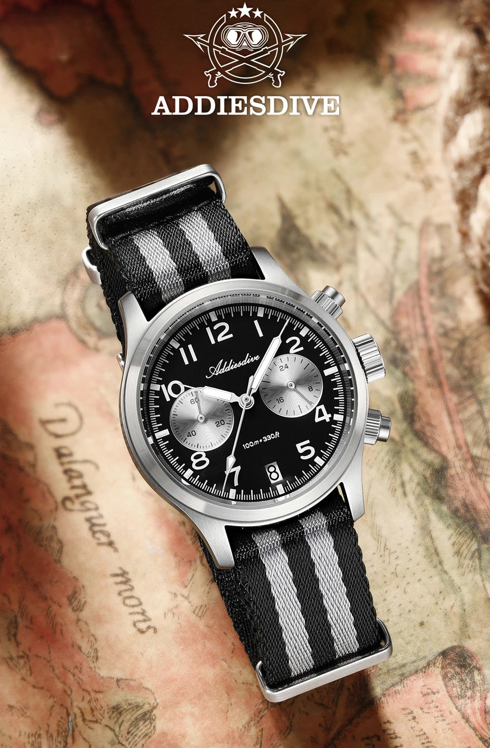 Relógio Masculino ADDIESDIVE 2025 New Panda Eye Retro Luxo VK64 Quartz, Cronógrafo Desportivo, 100M Impermeável, Luminoso
