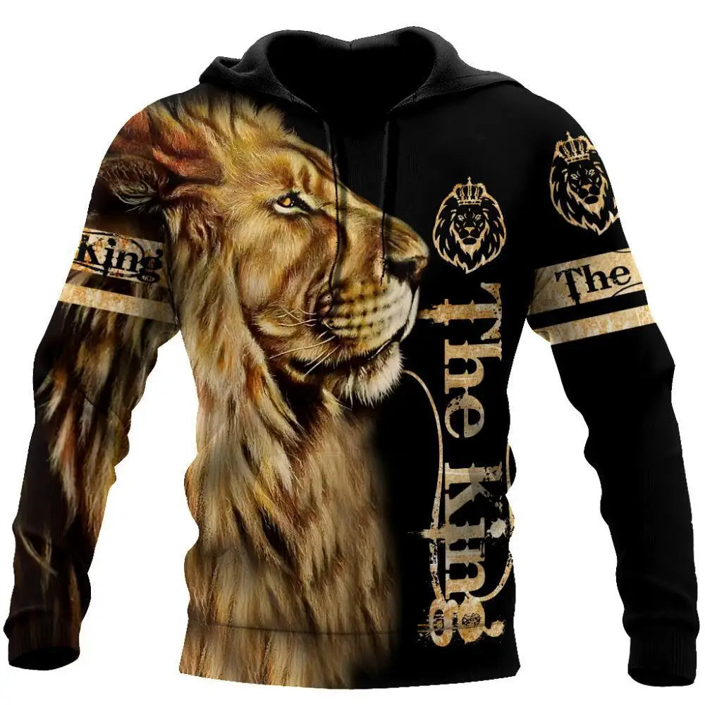 Sweatshirt com Capuz Unissexo de Outono com Estampado 3D Integral de Leão, Lobo e Pele de Tigre Branco para Homem, Pullover Casual Estilo Casaco