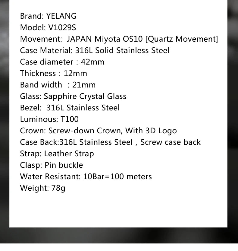 Zegarek kwarcowy męski YELANG V1029S 42mm, mechanizm Japan OS10, luminescencja T100, wodoodporność 100M, sportowy styl militarny, szafir