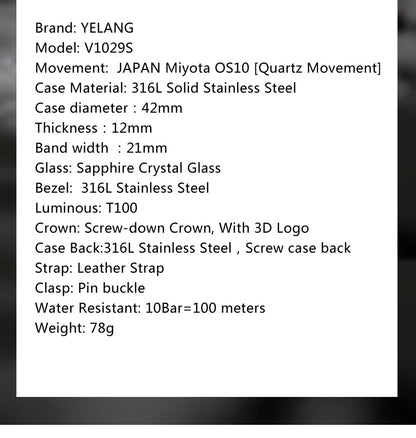 Zegarek kwarcowy męski YELANG V1029S 42mm, mechanizm Japan OS10, luminescencja T100, wodoodporność 100M, sportowy styl militarny, szafir