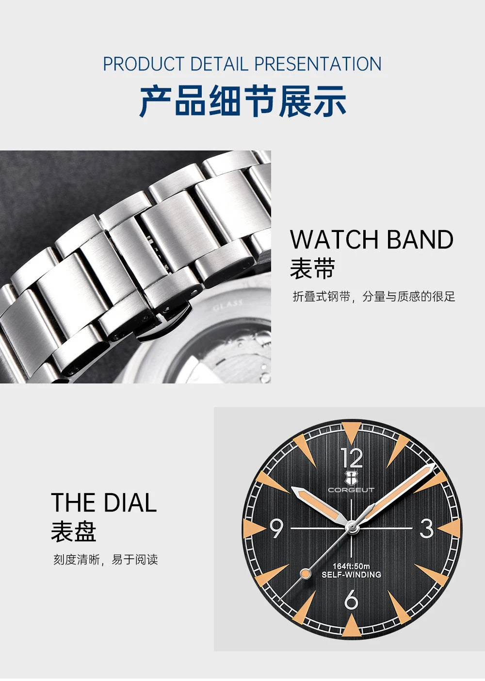 Corgeut 41mm Men's Clock Automatic Relogio Masculino Japan Movt Mechanical Sapphire White Black Blue Dial Steel Band Men's Watch