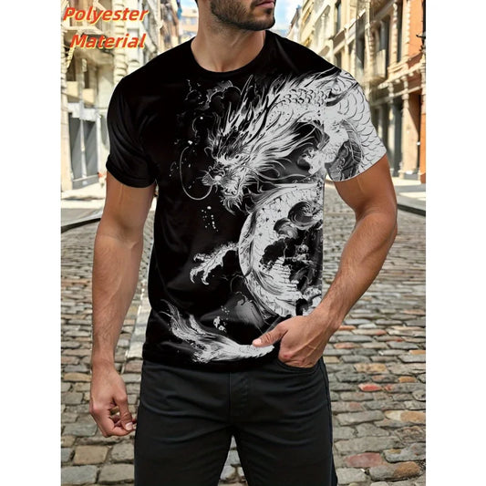 Vintage-Herren-T-Shirt mit chinesischem Drachen, cooles Tiermuster, 3D-Print, Sommer-T-Shirt mit kurzen Ärmeln, modisches Oberteil