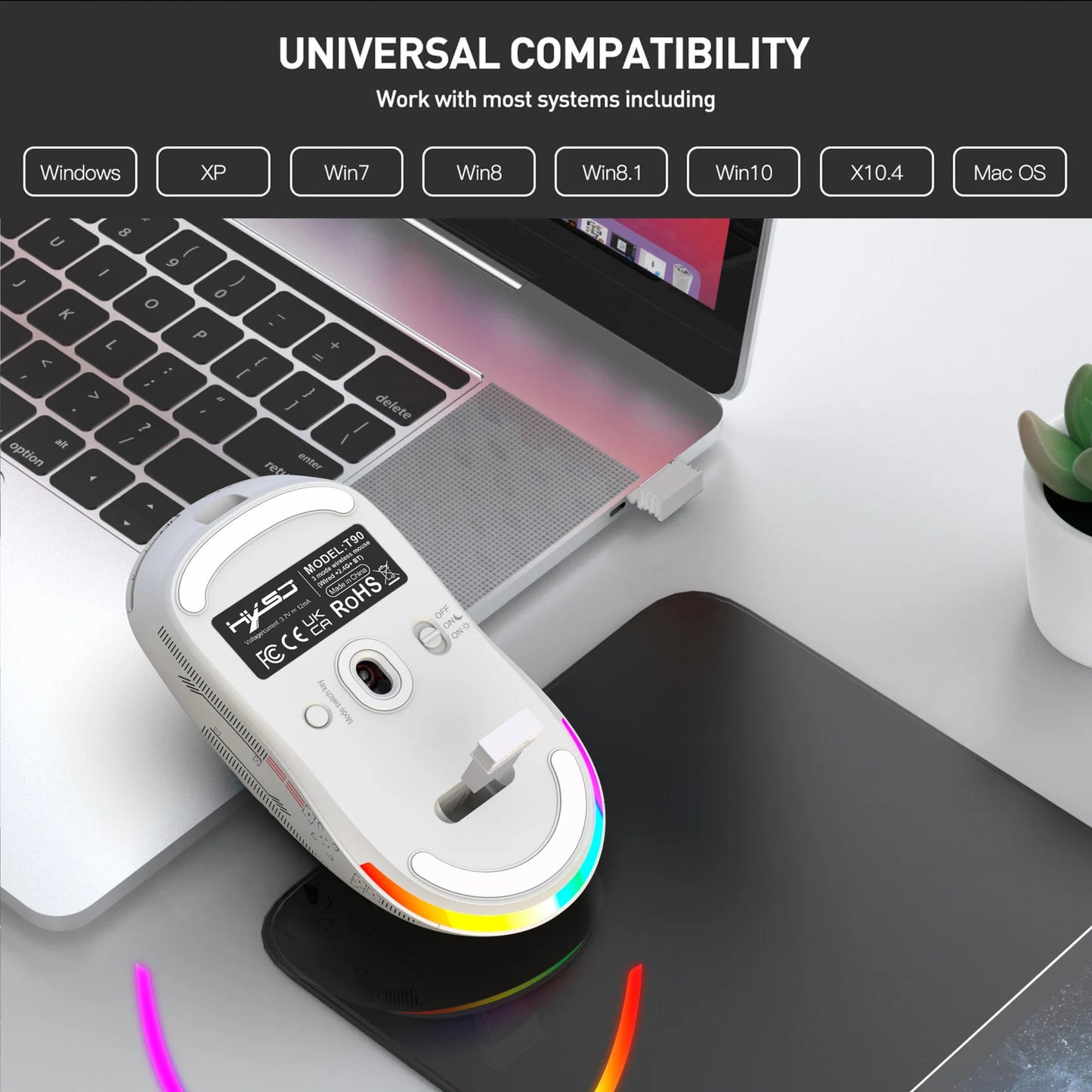 3 režimų „Bluetooth“ žaidimų pelė, įkraunama, 2.4G USB belaidė RGB apšvietimo pelė, skirta „iPad“, planšetiniam kompiuteriui, nešiojamajam kompiuteriui ir kompiuteriui