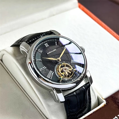Automatinis mechaninis vyriškas laikrodis – elegantiškas skeleto dizainas, madingas „business casual“ stilius, korpusas iš lydinio ir odinis dirželis, be baterijos