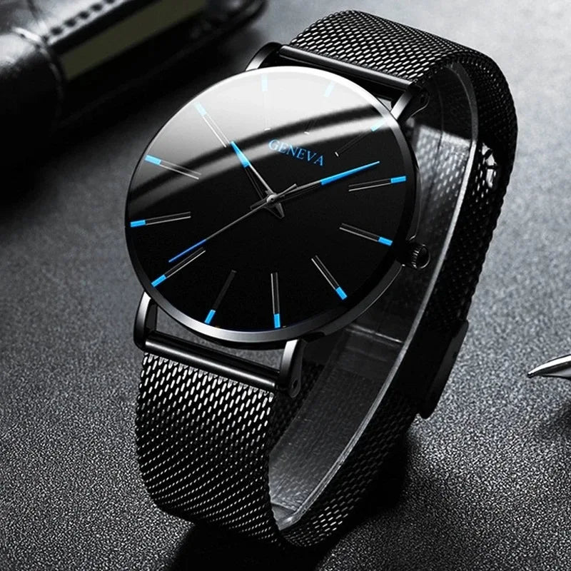 Fashion Mens Business Black Watches Luxury Stainless Steel Ultra Thin Mesh Belt Quartz Men Wrist Watch Casual Classic Male Watch