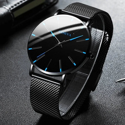 Fashion Mens Business Black Watches Luxury Stainless Steel Ultra Thin Mesh Belt Quartz Men Wrist Watch Casual Classic Male Watch