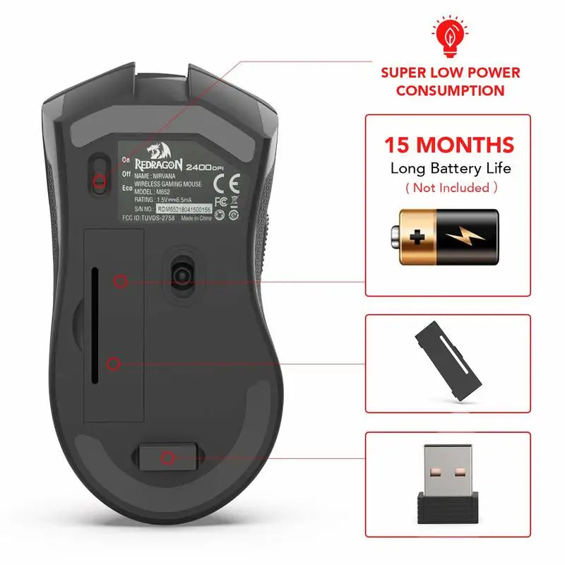 Redragon M652 optische 2.4G-Wireless-Maus mit USB-Empfänger, tragbare Gaming- und Office-Maus, 5 einstellbare DPI-Stufen