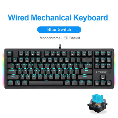 E-YOOSO K620 USB Mechanical Gaming Keyboard Wired Blue Red Switch Monochrome LED Backlit 87 Key for Computer Laptop PC