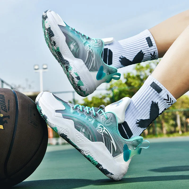Chaussures de basket-ball unisexes, chaussures d'entraînement de compétition en plein air en maille tendance, bottes de basket-ball plates antidérapantes à rebond pour hommes