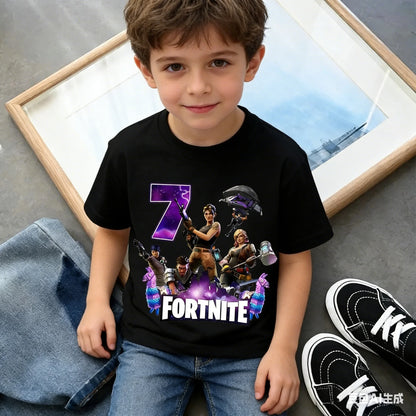 Dziecięca koszulka urodzinowa Fortnites z numerem dla dziewczynek i chłopców, letnia bawełniana koszulka dla niemowląt, imprezowy top z krótkim rękawem, prezent dla malucha