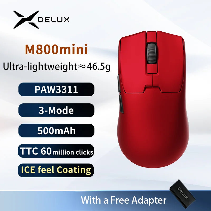 Безжична геймърска мишка Delux M800mini, ултралека 46g, PAW3395/PAW3311, 1KHz честота на опресняване, за PC геймъри с малка до средна ръка