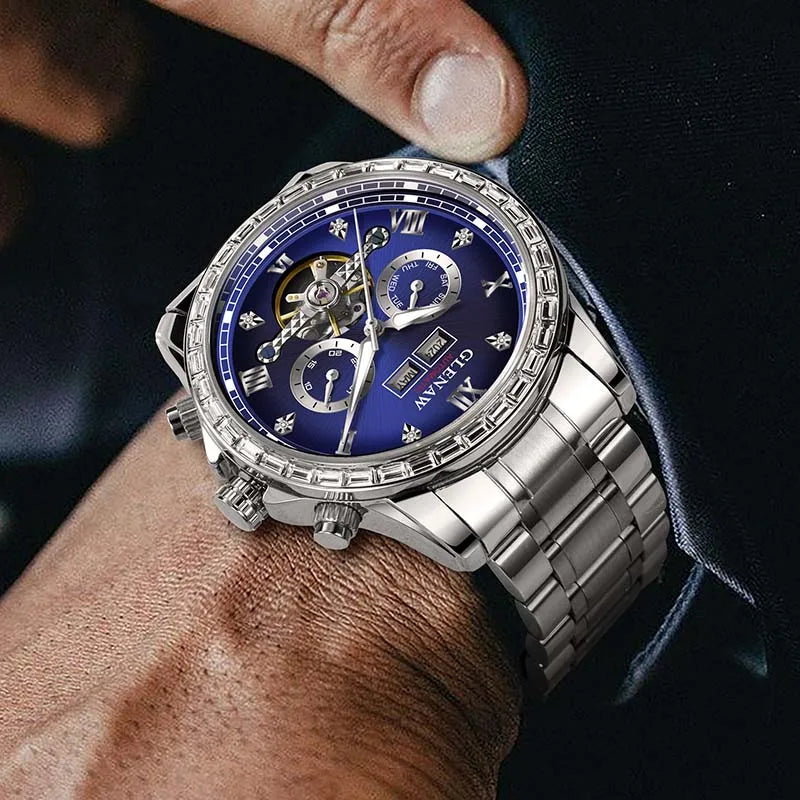 Mechanische Multifunktionsuhr GLENAW – Herrenmodell, Business- und Freizeit-Style, Edelstahlarmband, wasserdicht, mit Kalender – Luxusuhr