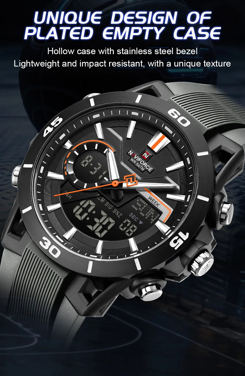 NAVIFORCE Men's Watch Dual Display 50M Waterproof Countdown Chronograph Alarm Clock Male Fashionable Sports Wristwatch NF7135