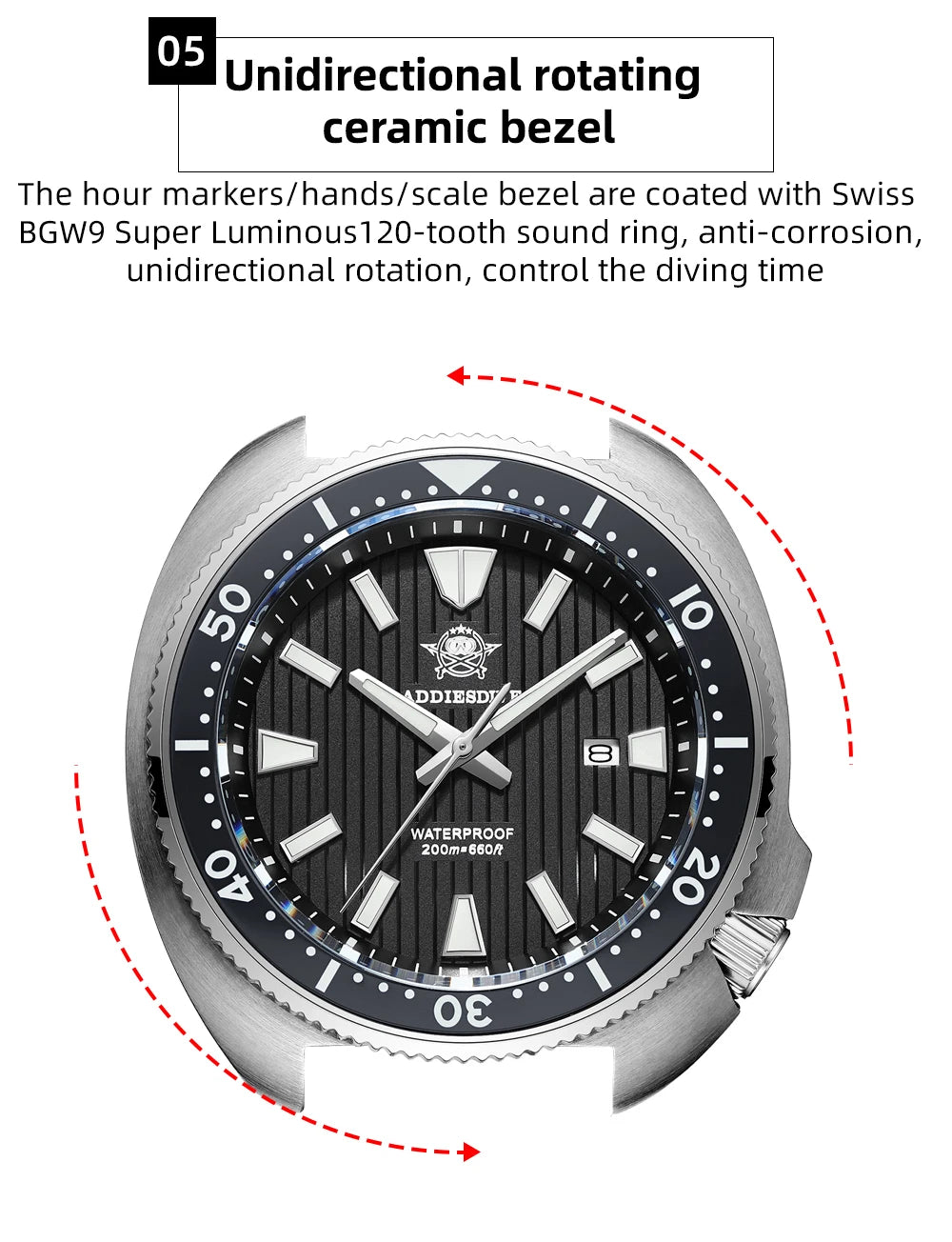 ADDIESDIVE Men's Diving Watch 200 Waterproof Sapphire Glass Quartz Watch BGW9 Luminous Stainless Steel Business Fashion Watch