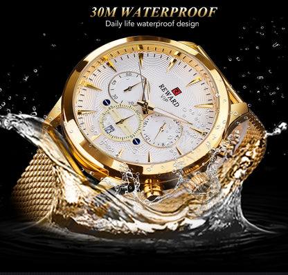 REWARD Business Watches Quartz Movement Fashion Men Gold Stainless Steel Watch Luxury Calendar Quartz Wrist Watch