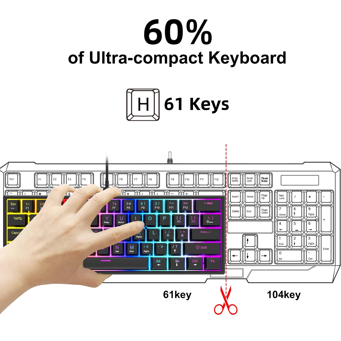 Teclado Gaming com Fio de 104 Teclas com Sensação Mecânica para Portátil e PC, Ergonómico, Retroiluminado RGB, 61 Teclas, Switches Cyan e Keycaps