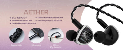 Kiwi Ears Aether 15.3mm Large Planar Driver IEM Hifi Earphones with Detachable Cable System for Gaming and Music Enthusiasts