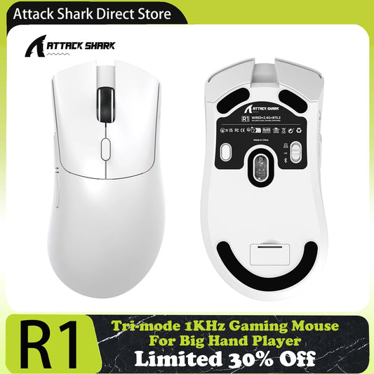 Ratón gaming trimodo ATTACK SHARK R1, sensor PixArt PAW3311, 18000 DPI, 1000hz, ultraligero de 59g para manos grandes, para PC/Mac