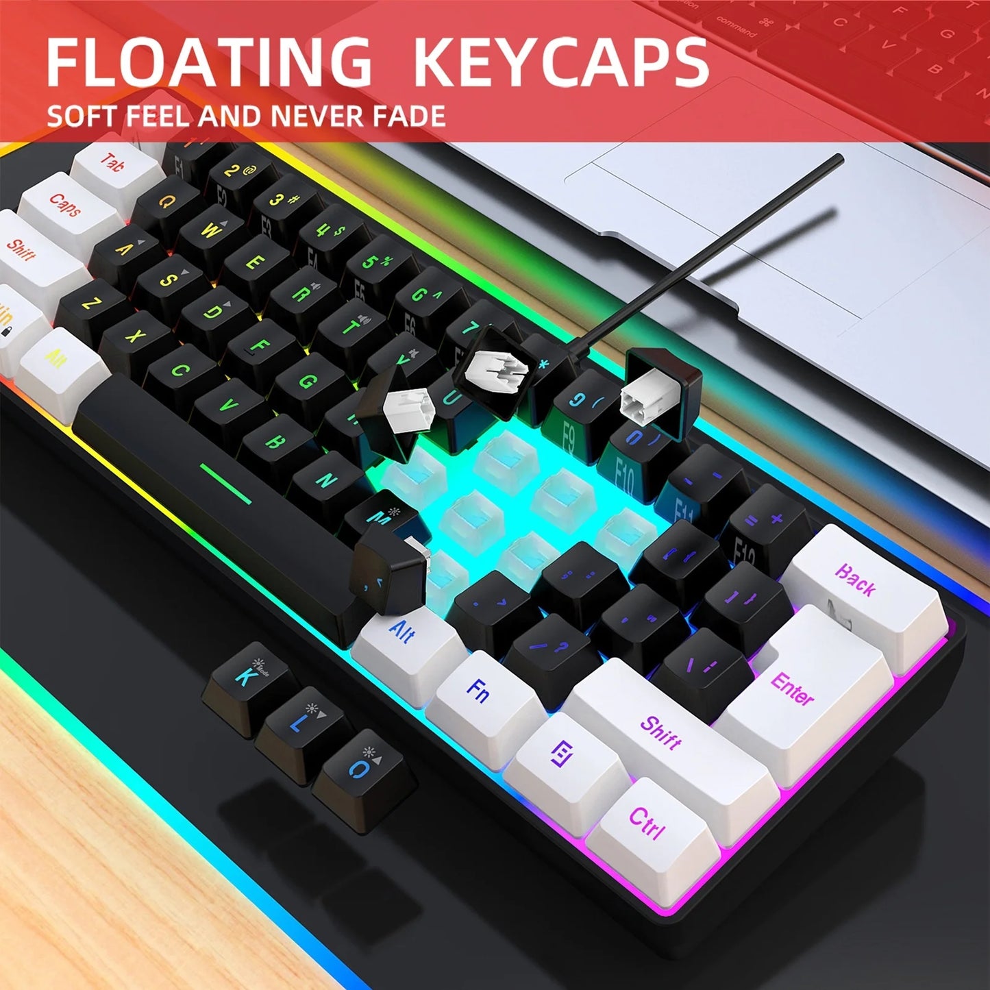 HXSJ USB Computer Keyboard and Mouse Kit with 61-Key Wired RGB Backlight Wired Gaming Mouse Colorful LED Lighting for PC Laptop
