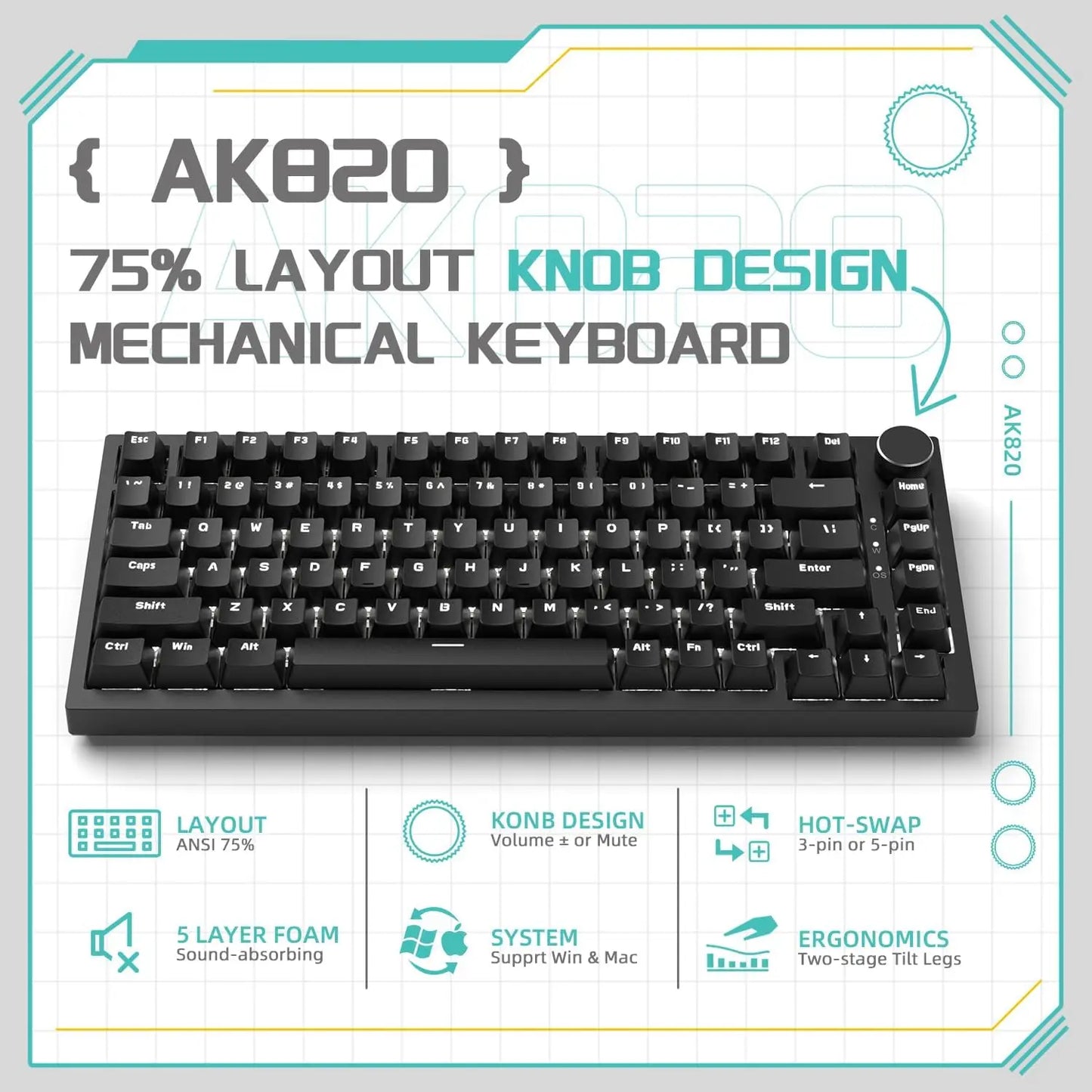 AJAZZ AK820 Rotary Volume Buttons Hot-Swappable Keys For Office AndHome Mechanical Keyboards DIY