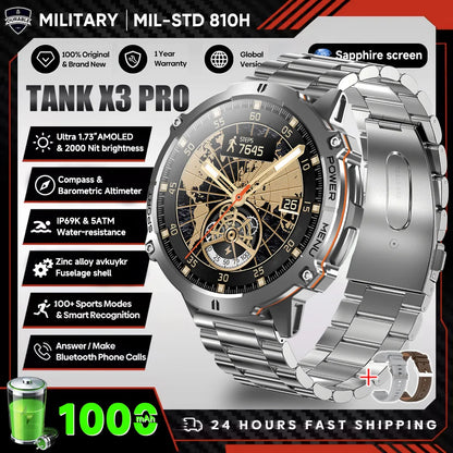2026 Novo Smartwatch Militar TANK X3 para Homem, Bateria 1000mAh, 10ATM À Prova de Água para Natação, Percurso GPS, Ecrã AMOLED HD de 1.75", Chamadas e Desporto