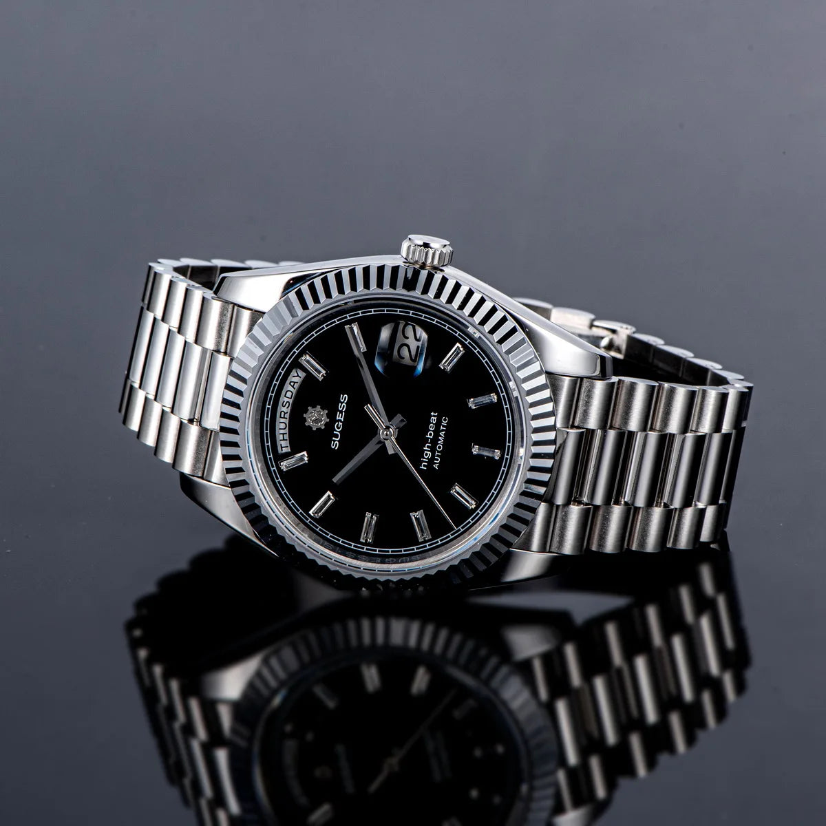 Sugess Watch Mens 40mm Date Day Automatic Dandong Peacock SL3034 Movement Retro Mechanical Wristwatch Sapphire Glass Golden New