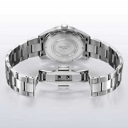 Relógio de homem BERNY – Relógio de quartzo, vidro de safira, ponteiros luminescentes, resistente à água até 10 ATM, inteiramente em aço inoxidável – Estilo elegante e descontraído, ideal para o dia a dia ou para ocasiões profissionais
