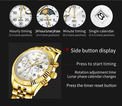 OLEVS 2932 High end Men's Watch Classic Lunar Phase Waterproof Stainless Steel Chronograph Watch Luxury Brand Quartz Men's Watch