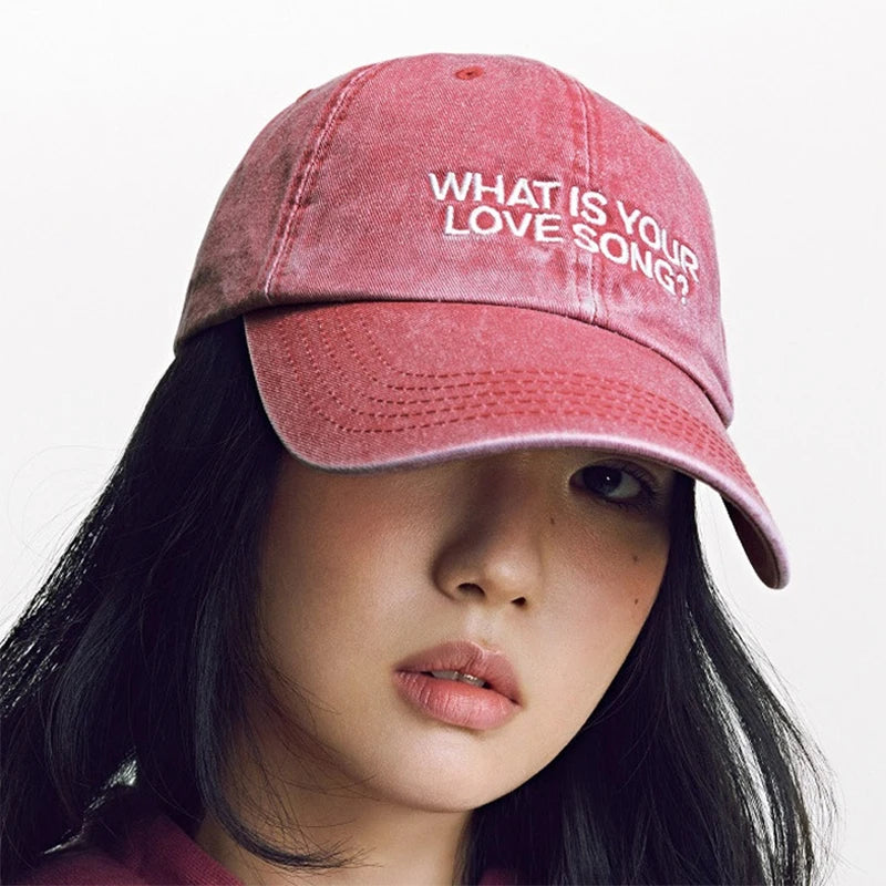 Kpop "What Is Your Love Song" Same Knitted Embroidery Caps,Tour Concert Cap Outdoor Retro Washed Baseball Caps for Women Men