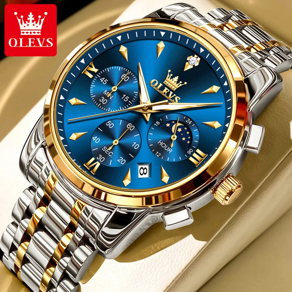 OLEVS 3639 Top Brand Original Luxury New Quartz Watch Stainless Steel Watch For Men Waterproof Luminous Moon Phase Mens Watch