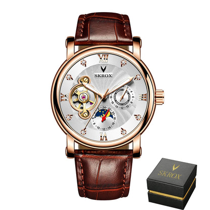 Luxusní pánské mechanické hodinky s automatickým nátahem od renomované značky, vybavené tourbillonem, ukazatelem fáze měsíce a diamanty – elegantní náramkové hodinky.