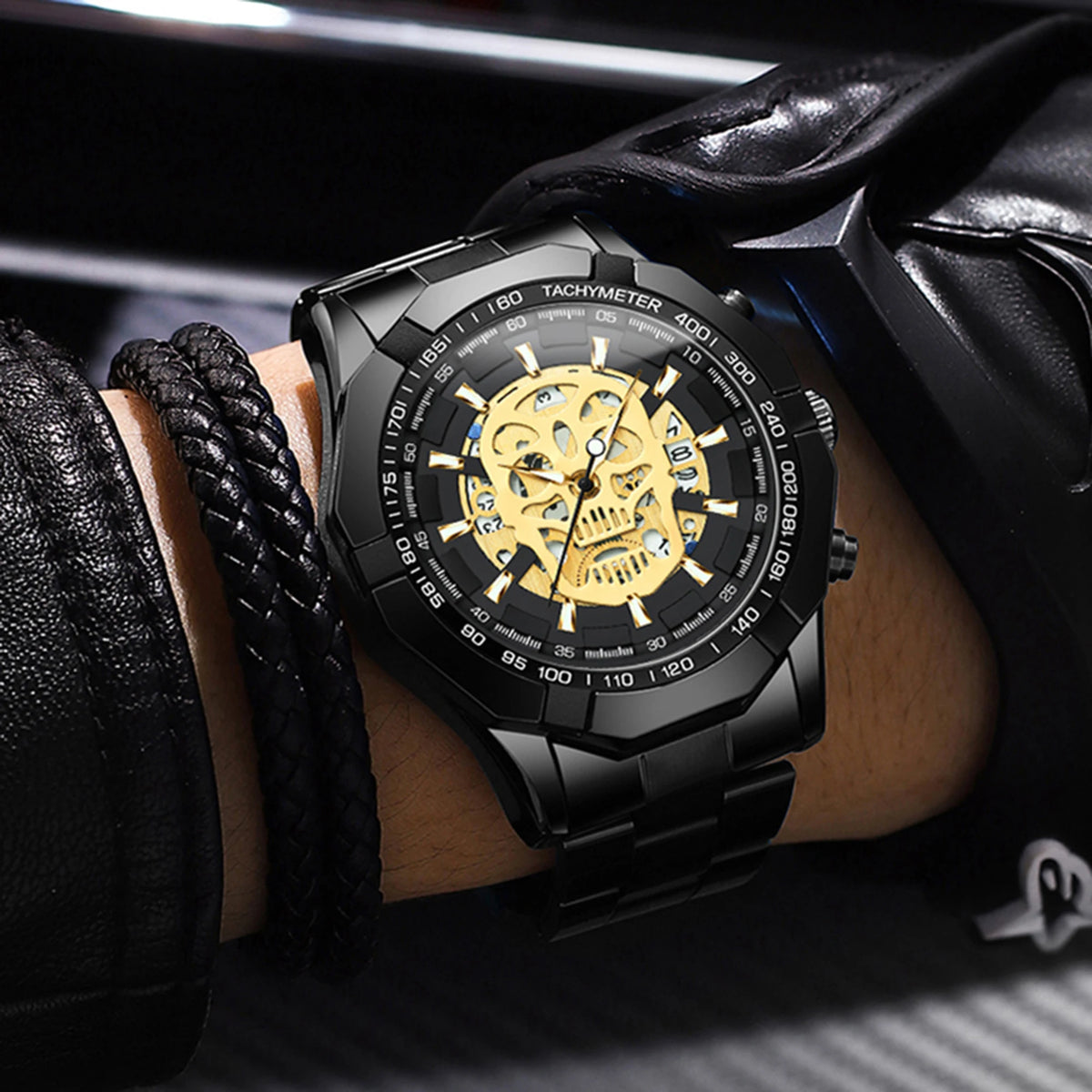 Montre-bracelet BINBOND pour homme, motif crâne squelette, à quartz précis, luxueuse, lumineuse, étanche, avec date automatique, robuste.
