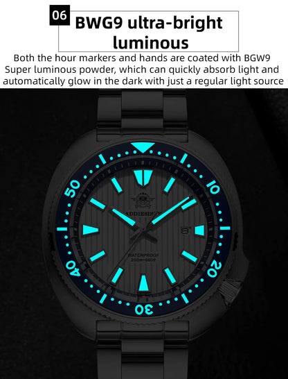 ADDIESDIVE Men's Diving Watch 200 Waterproof Sapphire Glass Quartz Watch BGW9 Luminous Stainless Steel Business Fashion Watch