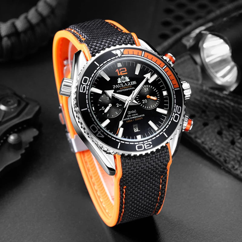 PAULAREIS P Relógio mecânico automático de luxo para homem com corda automática, bracelete em borracha, impermeável, luminoso, com data, relógio de moda masculino
