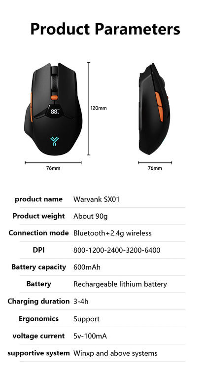 Warvank SX01 trådlös gamingmus med smart skärm, DPI-justering i 6 steg, 600mAh uppladdningsbar tyst Bluetooth-mus för kontor
