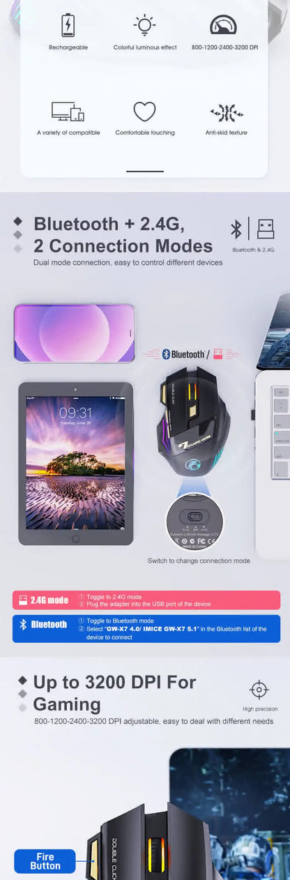 Belaidė Bluetooth pelė, įkraunama kompiuterinė pelė žaidėjams, ergonominė gaming pelė su RGB apšvietimu, tyli pelė PC kompiuteriui