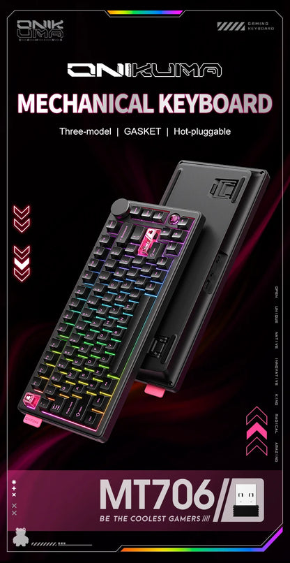Onikuma 2025 New Mt706 Rgb Gaming Mechanical Keyboard 2.4g/ Wired/Bt, 81-Key Pbt Rgb Gaming Keyboard