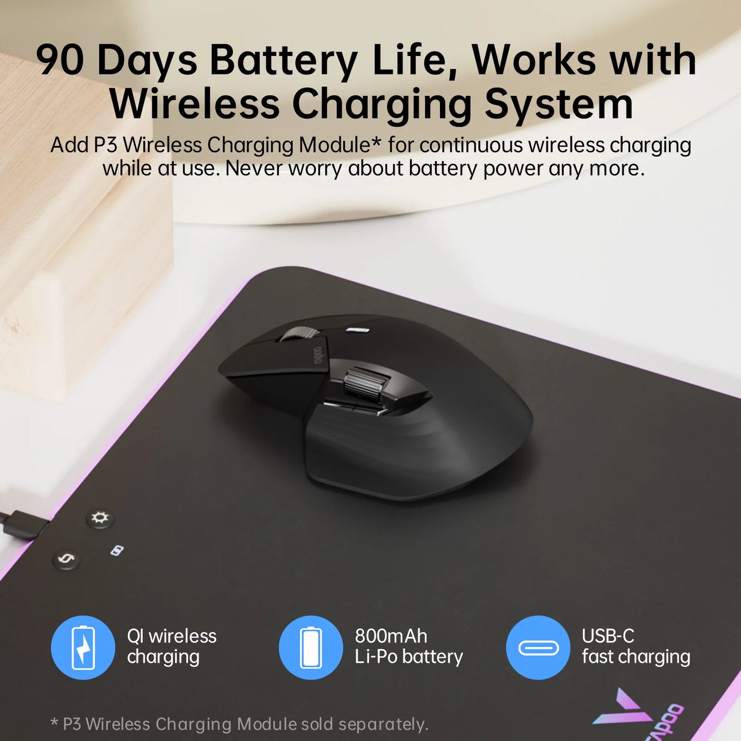 Rapoo MT760L/MT760M multimode genopladelig trådløs mus, ergonomisk, 4000 DPI, understøtter op til 4 enheder, Bluetooth-mus