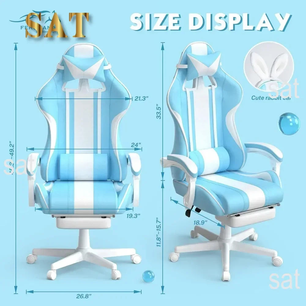 Kawaii Light Blue Gaming Chair with Bunny Ears, Ergonomic Cute Gamer Chair with Footrest, Massage Function, Reclining Racing Style Computer Chair