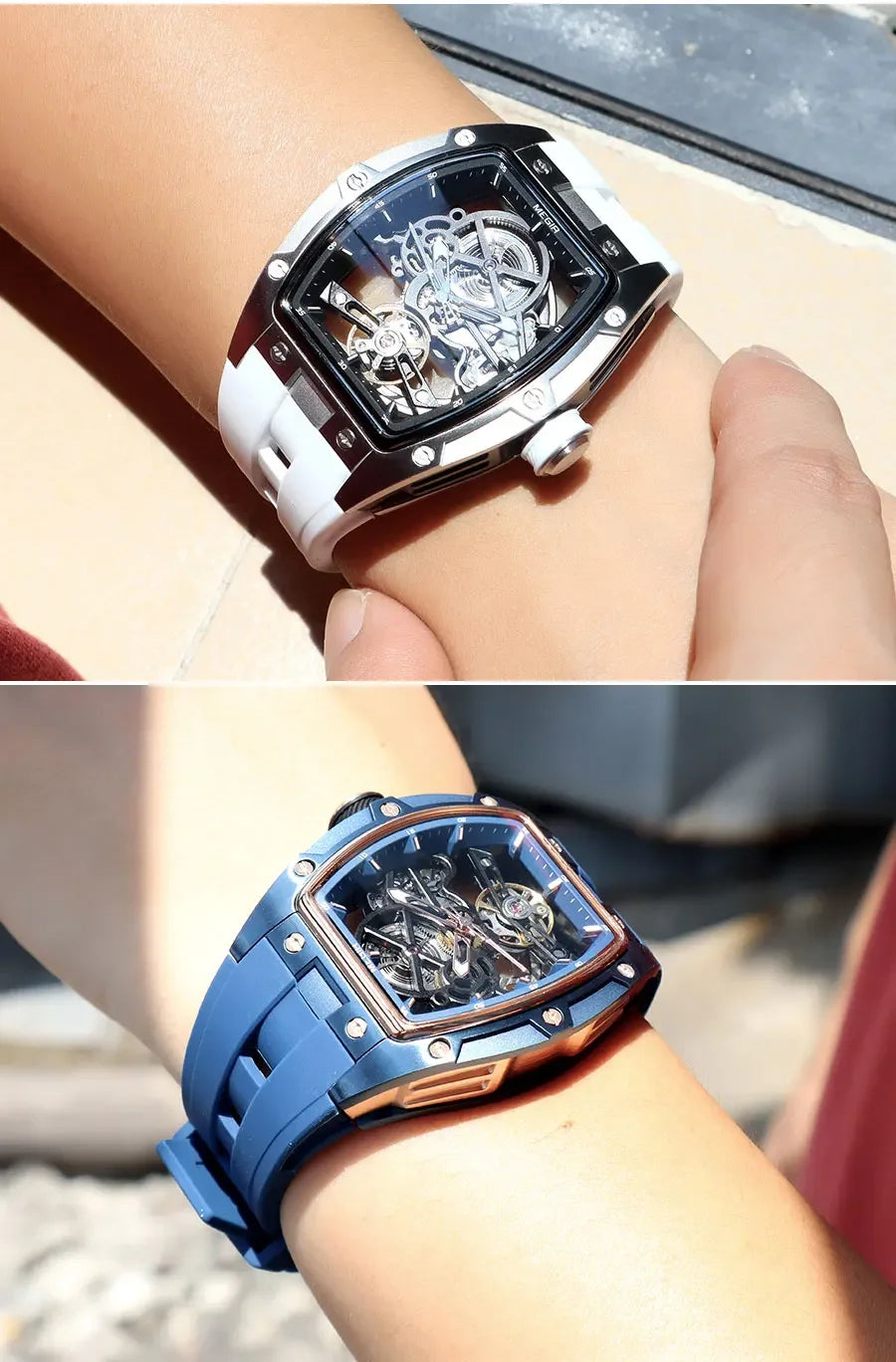 MEGIR Automatic Wristwatch Men Fashion Black Silicone Strap Wateproof Luminous Sport Mechanical Watch with Tonneau Dial 2242