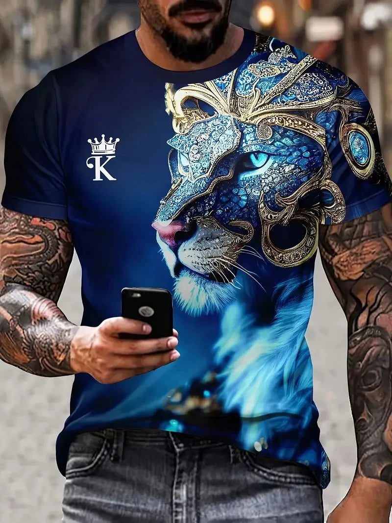 3D Plus Size Men's Lion Print T-shirt Summer Short Sleeve Crew Neck Tees Shirts For Men New In Animal Lion Graphic Tshirts Tops