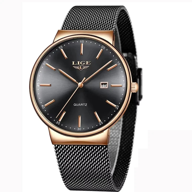 LIGE herenhorloge, elegant en luxueus model, ultradun, waterdicht, met een maasband, quartz-uurwerk, datum- en kalenderweergave – ideaal voor een professionele stijl.