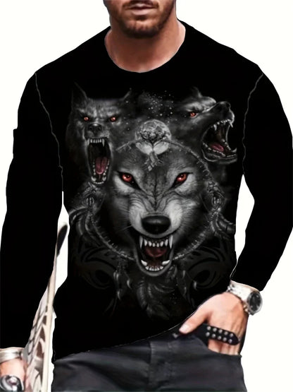 T-shirt de manga comprida para homem com novo estampado de lobo 2024, camisa casual diária de primavera e outono, moda streetwear masculina