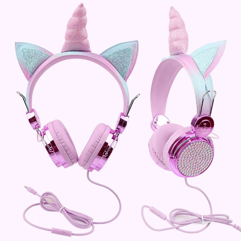 Casque filaire pour enfants, avec oreilles de chat et microphone, oreilles en peluche de licorne, idéal pour les cours en ligne, les jeux vidéo, les étudiants, les filles et les garçons.