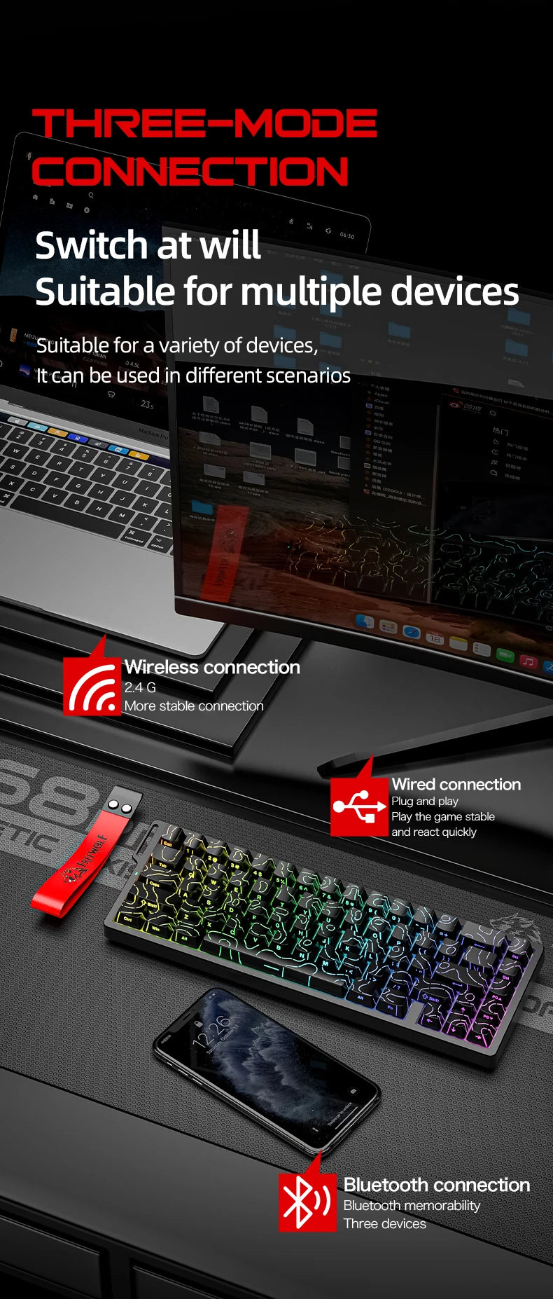FREEWOLF F68 F68Pro Gaming Keyboard Magnetic Switch 3-Mode Wireless Bluetooth Wired, 8K/1K Polling RGB Hot-Swap RT VALORANT FPS