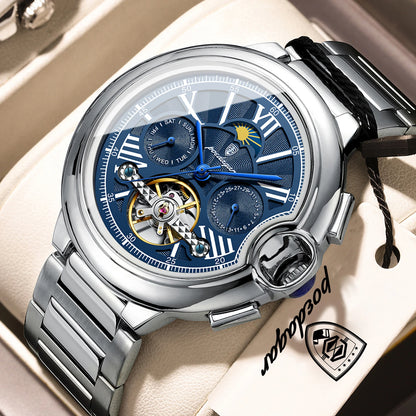 POEDAGAR luxus férfi karóra – Mechanikus automata modell dátum- és napkijelzéssel, bőr szíjjal, tourbillon-mechanizmussal, vízálló, elegáns és professzionális stílusú.
