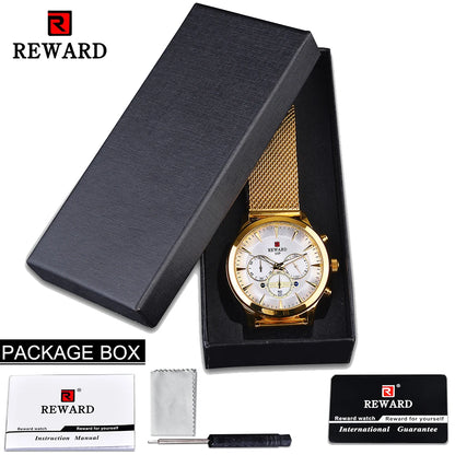 REWARD Business Watches Quartz Movement Fashion Men Gold Stainless Steel Watch Luxury Calendar Quartz Wrist Watch