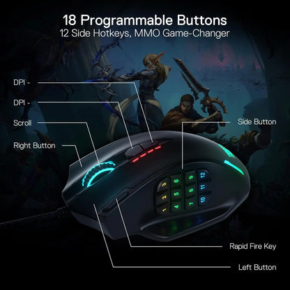 Mouse Gaming Cablato USB Redragon M908 con Retroilluminazione LED RGB, 18 Pulsanti Programmabili, 12400 DPI