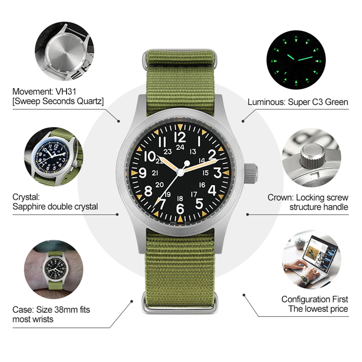 Militado ML05 Military Watch VH31 Sweep Movement Domed Sapphire Crystal Wristwatch High Clear AR Coating 38mm Vintage Watches